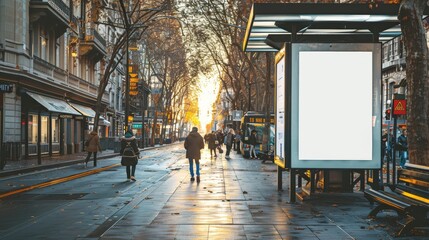 Digital billboard poster on city street bus stop in the evening. Street advertising bus stop mockup. Blank white vertical. Generative ai - obrazy, fototapety, plakaty