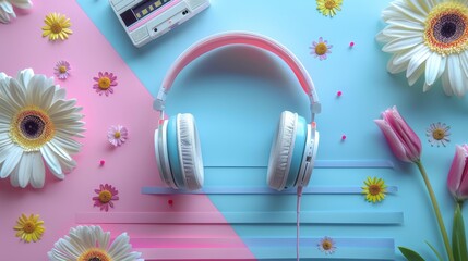 Fototapeta na wymiar Retro musical background wiht Headphones and retro cassette tapes, pink blue yellow colorful geometric style. Nostalgia for 90s. Musical concept. Generative ai