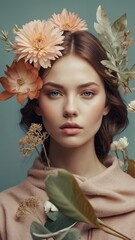 Collage. Portrait of a beautiful girl in flowers. Bed tones and retro style add a special charm and charm to this work of art.