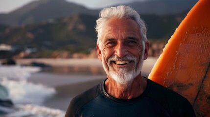 Portrait of a 70 year-old white haired man with surfboard at the beach.  Fit elderly man having fun surfing. Elderly healthy people lifestyle and extreme sport concept. Generative ai