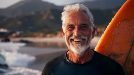 Abwaschbare Fototapete Portrait of a 70 year-old white haired man with surfboard at the beach.  Fit elderly man having fun surfing. Elderly healthy people lifestyle and extreme sport concept. Generative ai © Iuliia Metkalova