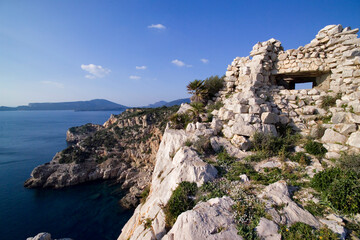 Capo Caccia promontory seen from the cliffs of Punta Giglio. Alghero. Sardinia. Italy
