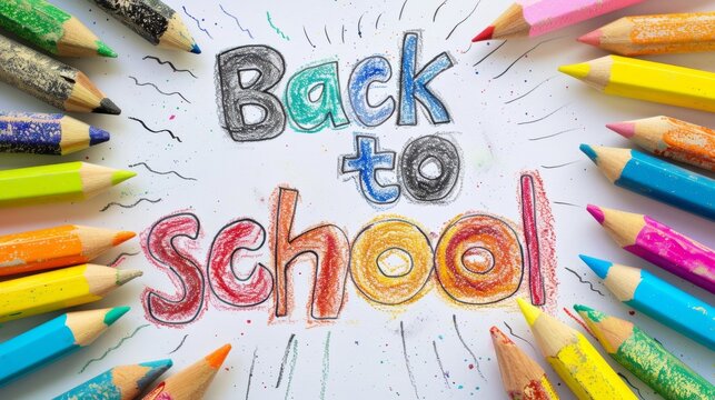 Children's drawing created with colored pencils on white paper. Back to school text. Kids going to learn. Educational poster. Colorful lettering. Generative ai