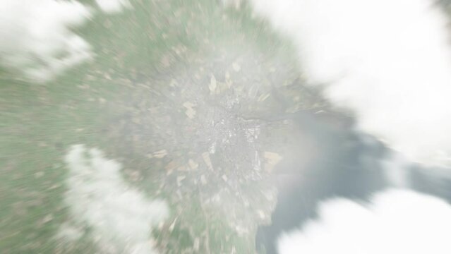 Earth zoom in from space to Dundalk, Ireland. Followed by zoom out through clouds and atmosphere into space. Satellite view. Travel intro. Images from NASA