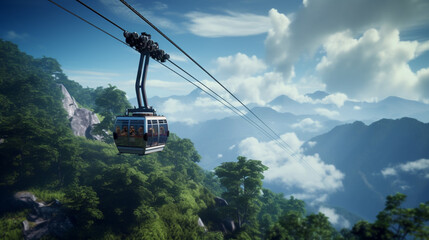 An overhead cable car ascending a steep mountain, passengers eagerly capturing photographs. - obrazy, fototapety, plakaty