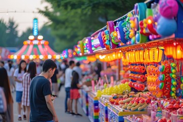 Summer festival carnival games, prizes gleaming under vibrant lights.