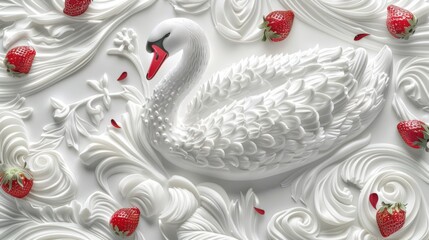 a sculpture of a swan with strawberries on it's head, surrounded by white swirls and strawberries.