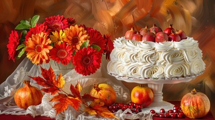 a close up of a cake on a table with flowers, apples, and pumpkins in front of it.