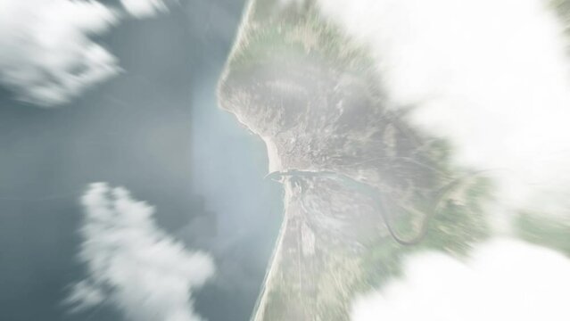 Earth zoom in from space to Figueira da Foz, Portugal. Followed by zoom out through clouds and atmosphere into space. Satellite view. Travel intro. Images from NASA