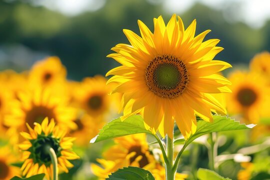 Sunflowers sway gently in a vast field, their vibrant petals reaching toward the sun, bathed in the warm glow of golden sunlight, painting the landscape with hues of yellow and green.