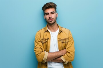 Fototapeta premium Handsome Attractive young man on blue wall banner. Trendy style man at summer time. Generate Ai