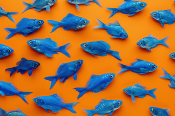 Obraz premium Underwater Harmony A Group of Small Blue Fish Swimming Together on Bright Orange Background