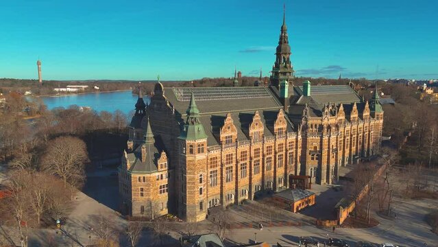 4K footage of Nordic Museum, Nordiskamuseet in Djurgarden, Stockholm. Aerial view of Sweden capital. Drone top panorama video