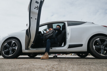 Stylish young adult male dressed casually sitting in a driver's seat of a contemporary vehicle,...