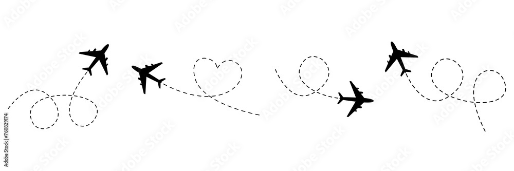 Wall mural airplanes with dotted line path set. plane flight route with trace. vector illustration isolated on 