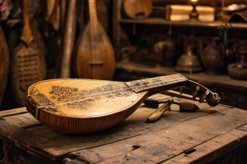 Vintage Authentic musical instruments collection. Musician melodic traditional performance instruments. Generate ai - obrazy, fototapety, plakaty