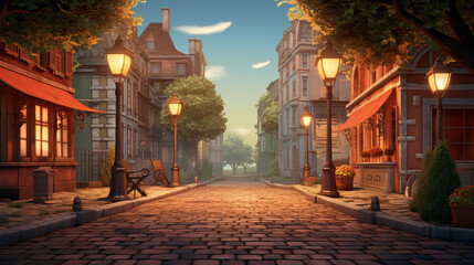 A cobblestone street in a quaint village, adorned with old-fashioned lampposts.