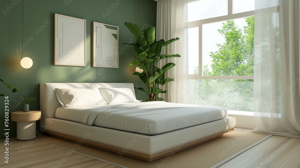 Canvas Prints Interior design of a modern bedroom in green colors with a large window