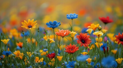 Colorful Flowers Blooming in Sunny Field