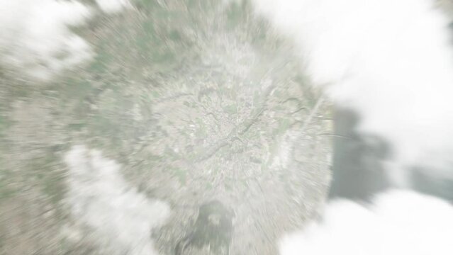 Earth zoom in from space to Odivelas, Portugal. Followed by zoom out through clouds and atmosphere into space. Satellite view. Travel intro. Images from NASA