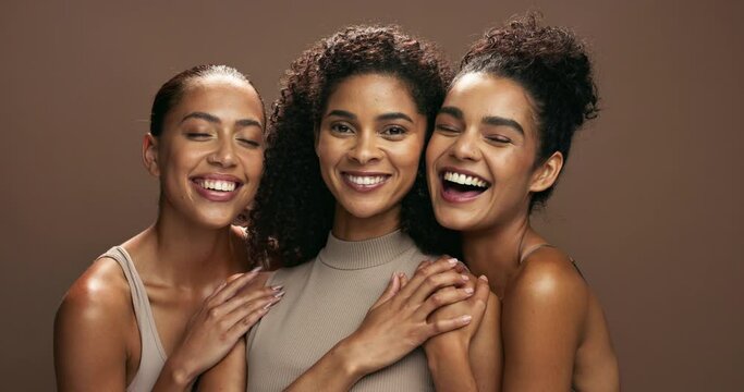 Woman, studio and power with skincare, smile and embrace for self care. Group, beauty and face with support, cosmetics and wellness for body positivity or empowerment with community and friends