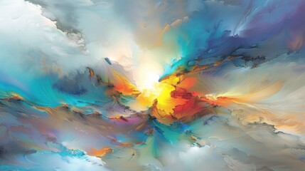 an abstract painting of blue, orange, yellow, and white colors with a sun in the middle of the painting.