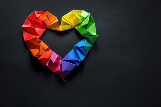 A heart made of paper with rainbow colors. The heart is folded and placed on a black background. Pride Month Concept - Powered by Adobe