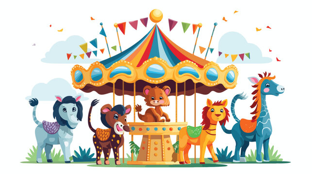 A cheerful scene of animals riding on a carousel 