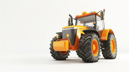 An orange tractor with large black tires on a white background.