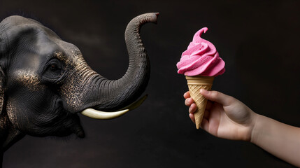 A hand with creamy pink ice cream in a waffle cone and opposite an elephant reaching out its trunk for the ice cream. Textured dark background.