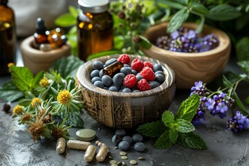 Herbal supplements and plants in rustic setting - obrazy, fototapety, plakaty