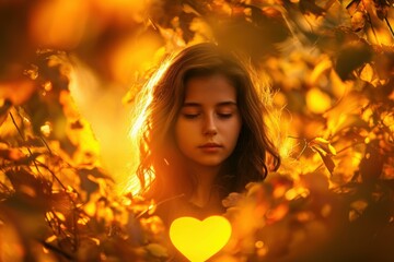 Seasonal Autumn girl glow heart. Natural love. Generate Ai