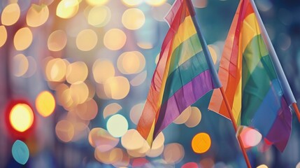 Two rainbow flags are held up in the air. The flags are colorful and vibrant, and they seem to be waving in the wind. Pride Month Concept - obrazy, fototapety, plakaty