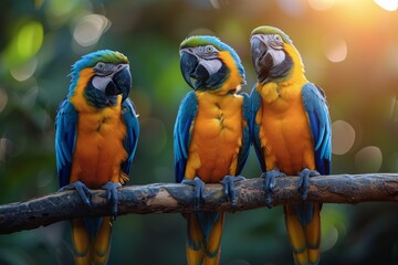 Three Colorful Parrots Sitting on a Tree Branch