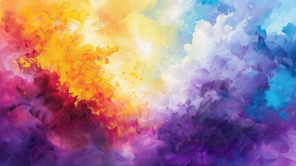 a painting of a multicolored sky with white clouds and a blue sky with white clouds and a red, yellow, purple, and blue sky with white clouds.
