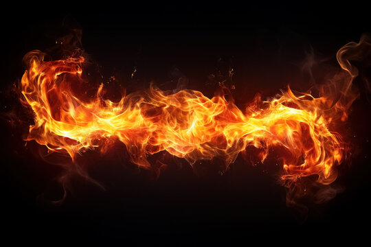 Flames of fire of burning powerful fire dynamic bright background with copy space, black backdrop, logo or t-shirt print