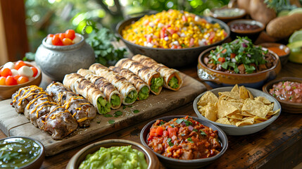 Naklejka premium Mexican food on wooden table with guacamole and salsa. National holiday mexico. Top view, close-up