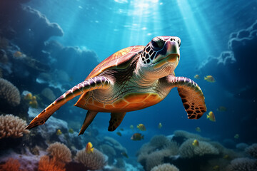 Obraz na płótnie Canvas Sea Turtle Swimming in Coral Reef