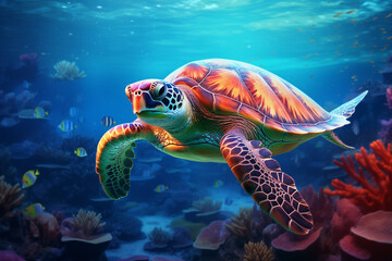 Fototapeta premium Sea Turtle Swimming in Aquarium