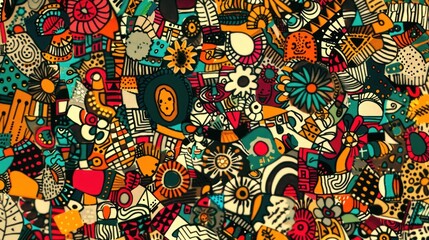 a very colorful wallpaper with lots of different shapes and sizes of things on it, including flowers, leaves, and dots.