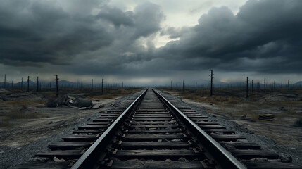 A panoramic view of crisscrossing railway tracks, adorned by an overcast sky. - obrazy, fototapety, plakaty