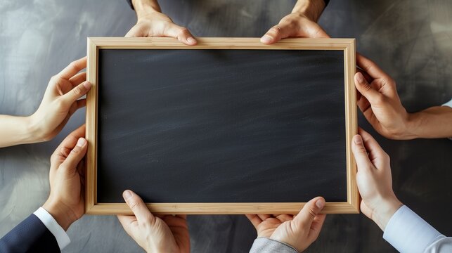 Hyper-Realistic Depiction of Hands Collectively Holding a Pristine Blackboard for Brainstorming - Imagine a super realistic, high-resolution image capturing the moment when a group's hands,