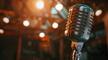 Hyper-Realistic Image of a Retro Microphone Under Vintage Stage Lights - Envision a super realistic...