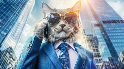 Cat businessman in sunglasses and a fashionable bright suit with a tie holds a smartphone in his paw against a background of business centers and skyscrapers. Generated AI - obrazy, fototapety, plakaty