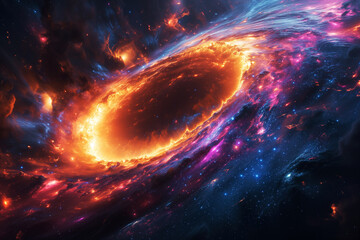 Abstract space wallpaper, black hole release of energy with nebula over stars in outer space