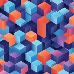 Minimalist vector art of an isometric pattern with cubes in blue, purple and orange. The pattern was created in the style of an isometric perspective with repeating cube shapes in different colors