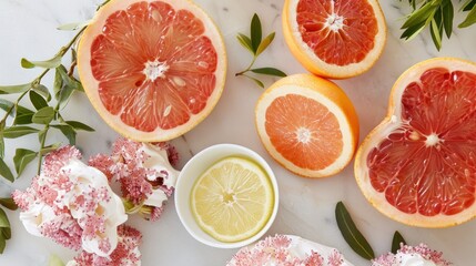 a table topped with sliced grapefruits next to a bowl of powdered sugar and a cup of tea. - obrazy, fototapety, plakaty