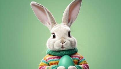Green easter background with a cute bunny in winter clothes holding an easter egg