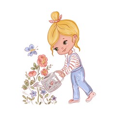 Girl watering flowers in garden. Cute girl. Cartoon funny child. Watercolor illustration isolated on white background. Drawing. Spring. Greeting card, poster, print. Baby doll