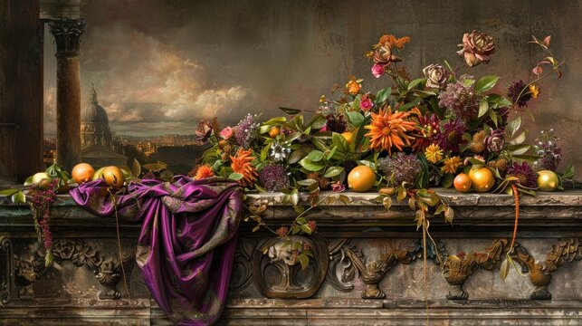 a painting of oranges, flowers, and other flowers on a ledge with a purple cloth draped over it.